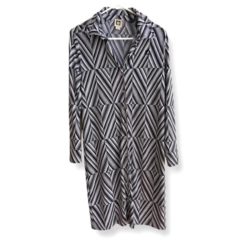 Anne Klein Navy/White Small Long Sleeve Button Down Geometric Print Dress